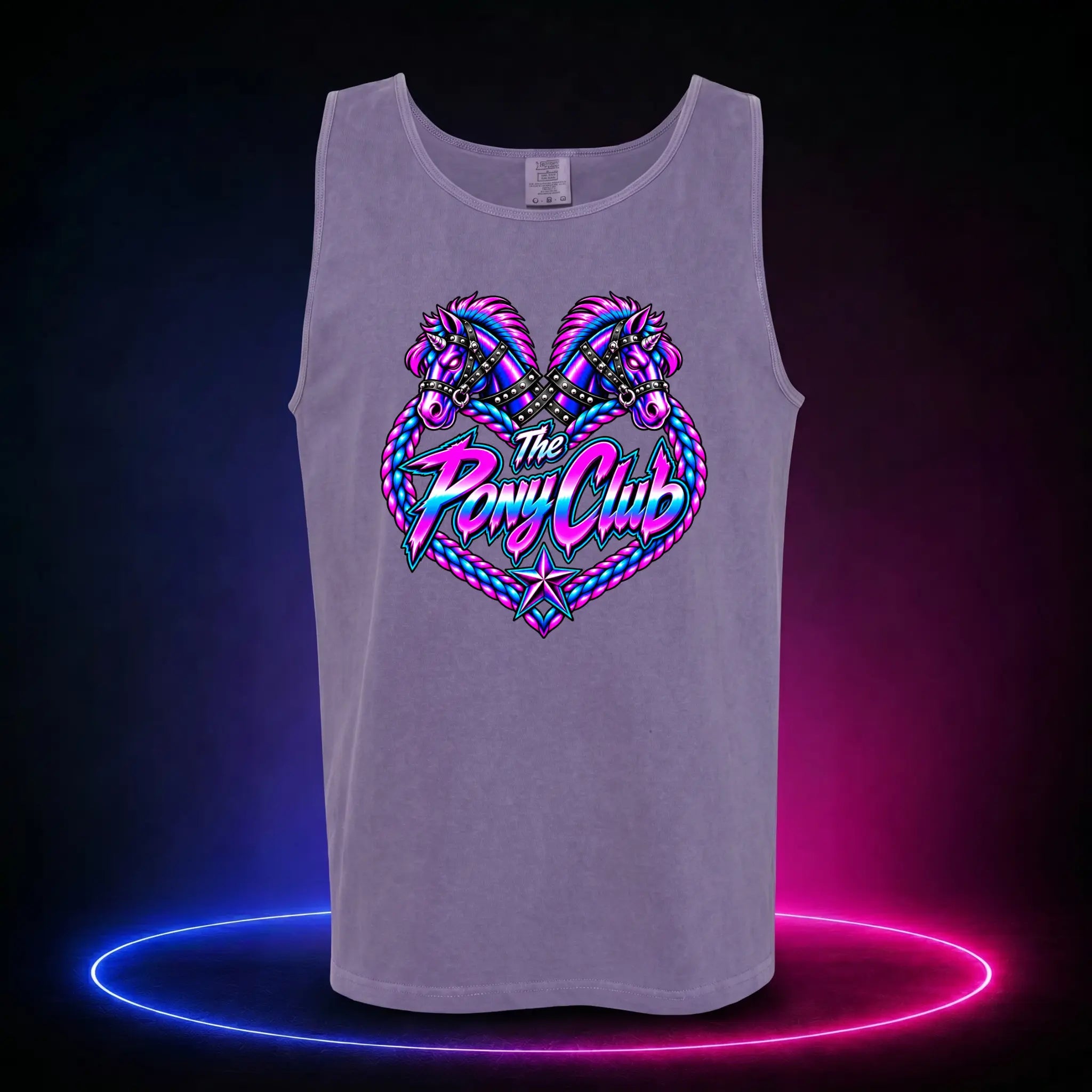 Grape premium tank top with The Pony Club Remastered pink and blue twin-pony graphic, front view.