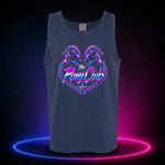 True Navy premium tank top with The Pony Club Remastered pink and blue twin-pony graphic, front view.