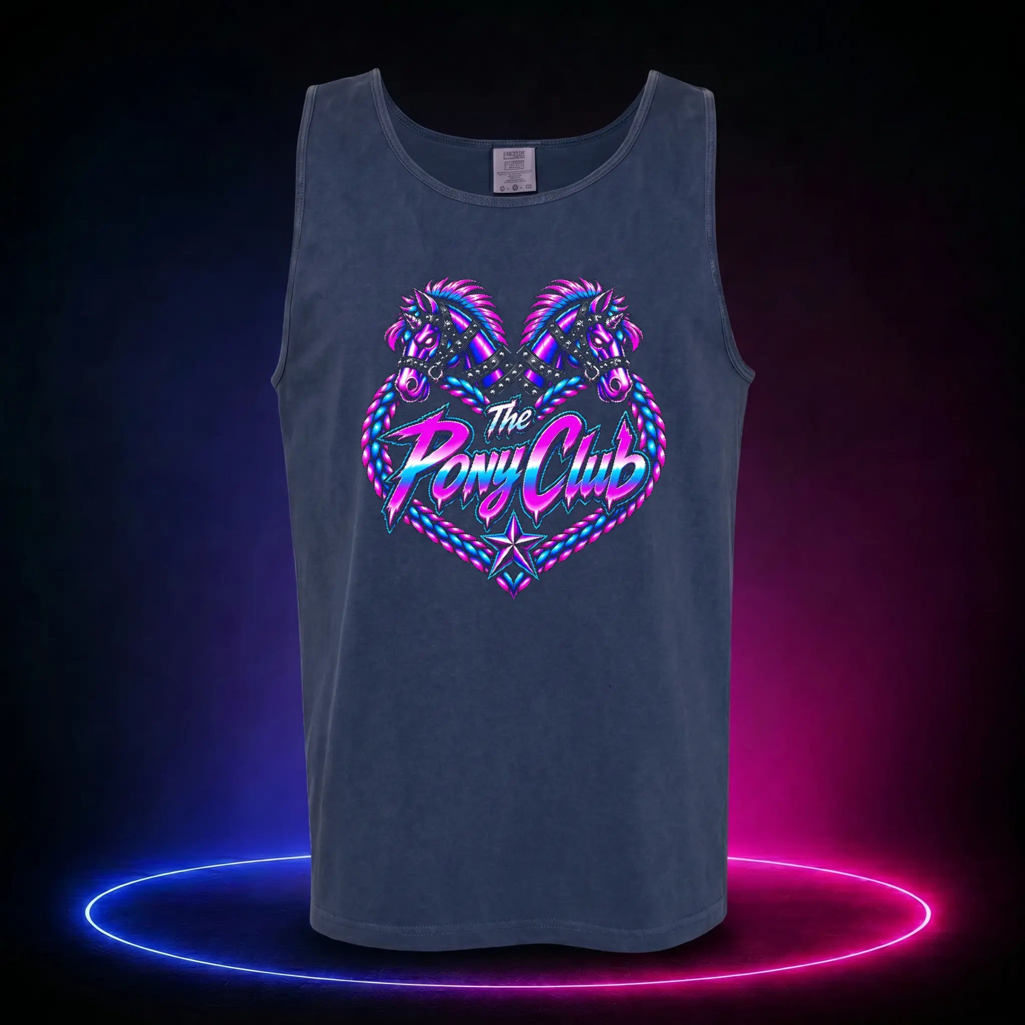 True Navy premium tank top with The Pony Club Remastered pink and blue twin-pony graphic, front view.