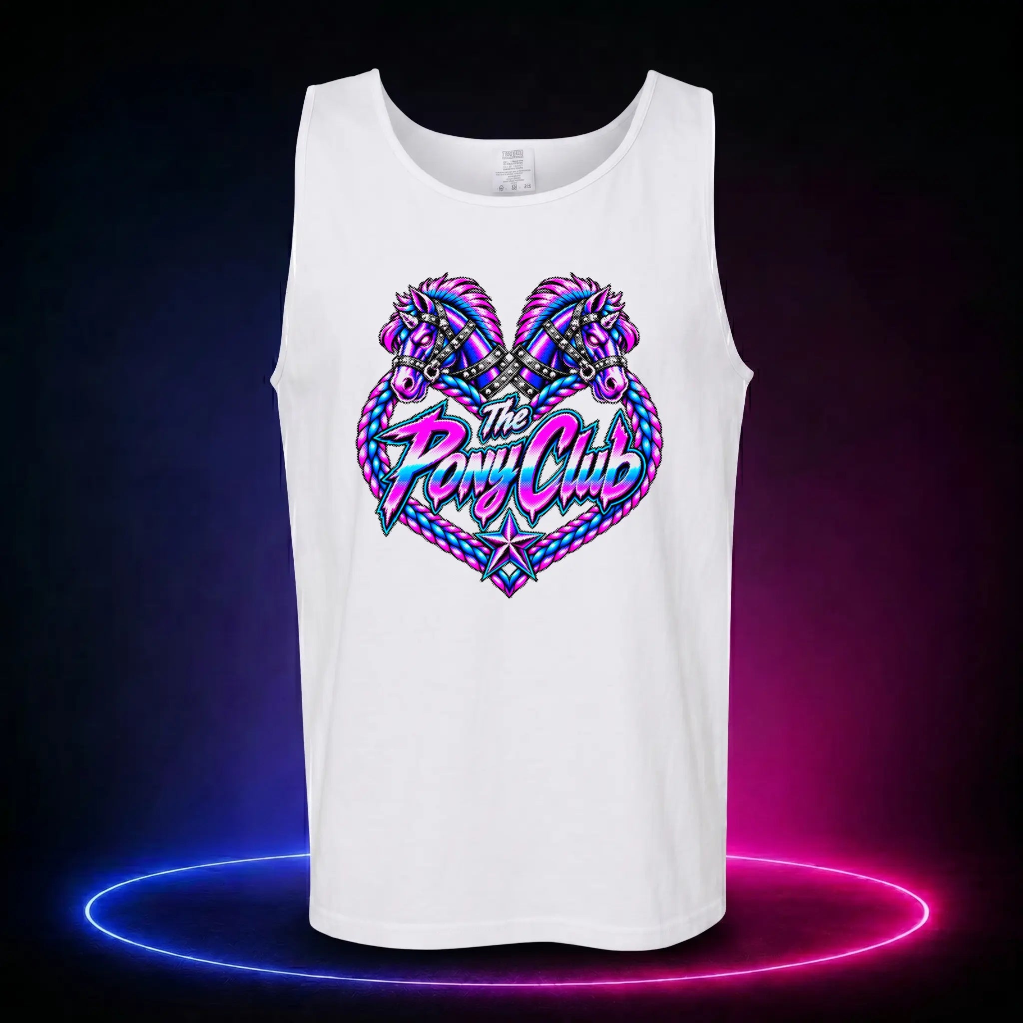 White premium tank top with The Pony Club Remastered pink and blue twin-pony graphic, front view.